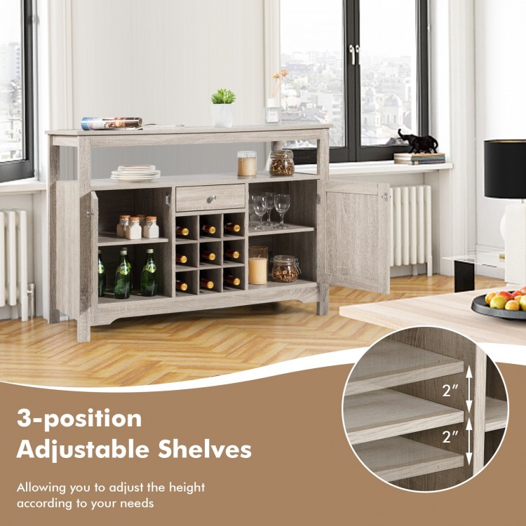 Buffet server sideboard in gray featuring adjustable shelves, wine grid for 9 bottles, and spacious storage for.