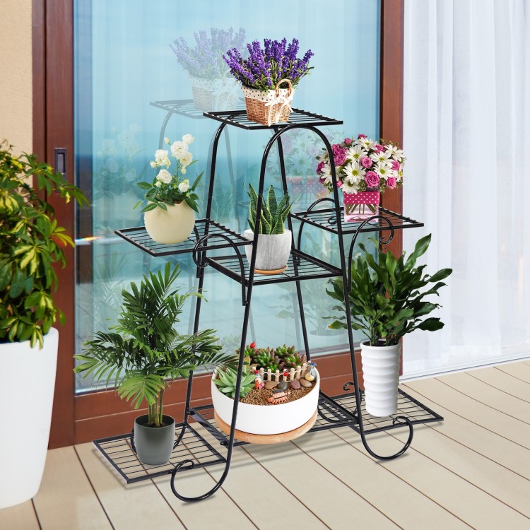 7-tier metal patio plant stand with a classic design, showcasing various plants, perfect for home and garden use.
