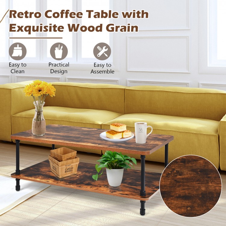 Retro coffee table with rustic brown tabletop and black steel legs, featuring a 2-tier storage shelf for living room.