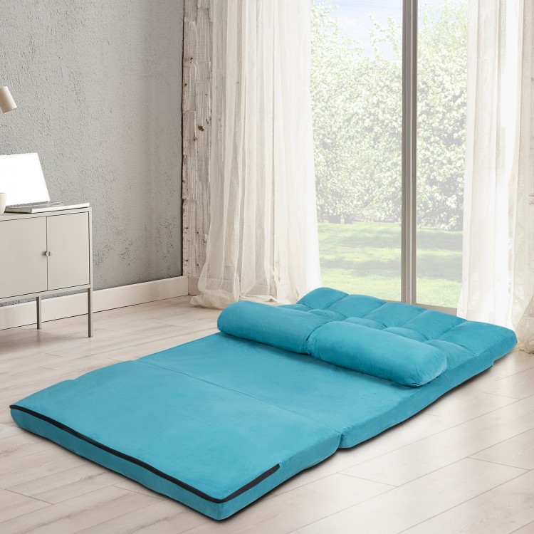 Adjustable blue foldable floor sofa in a cozy setting, featuring a soft suede surface and six reclining positions.