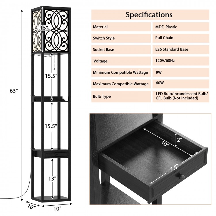 Modern standing shelf lamp with 3 open shelves, 1 power outlet, and 2 USB ports for convenient charging and.