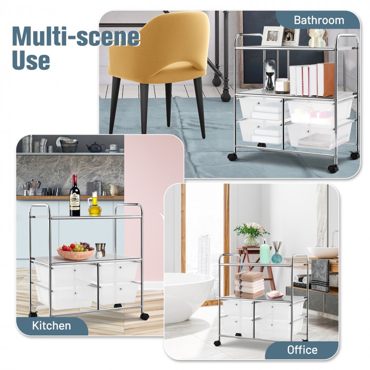 Rolling storage cart with 4 drawers and 2 mesh shelves, made of steel, ideal for kitchen and office organization.