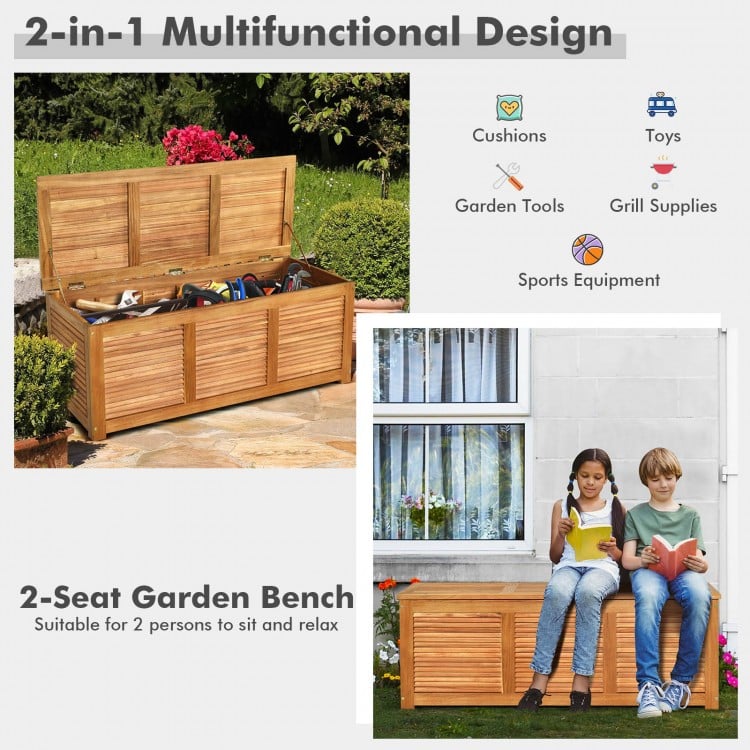 Acacia wood storage bench box with flip-top lid, 46-gallon capacity, ideal for patio or garden use.
