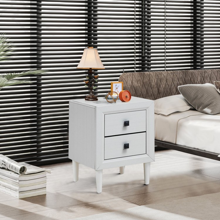 White retro bedside nightstand with two drawers and exquisite handles, perfect for small spaces and home decor.