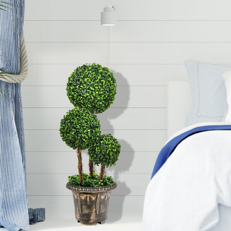 30-inch artificial topiary triple ball tree showcasing dense green leaves and sturdy iron tube, perfect for enhancing.