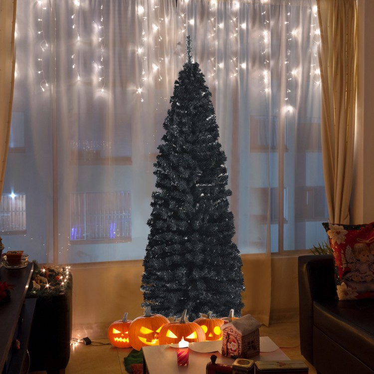 Black 6-foot unlit artificial pencil tree with metal stand, perfect for Halloween and festive decorations.