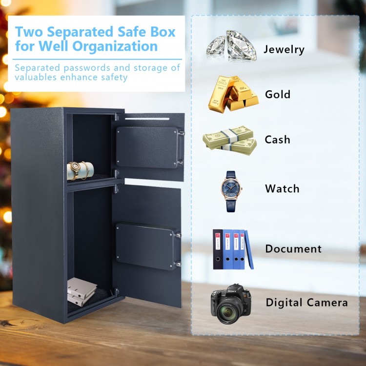 Digital safe box with two doors, solid steel construction, for secure storage of valuables like jewelry and cash.