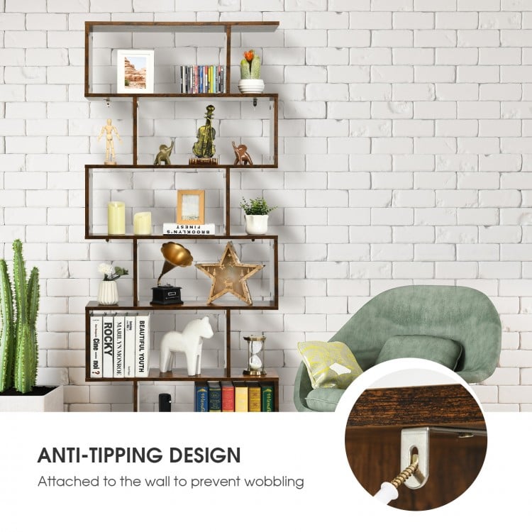 6-tier S-shaped bookshelf in coffee color with anti-tipping design, perfect for displaying books and decor in any room.