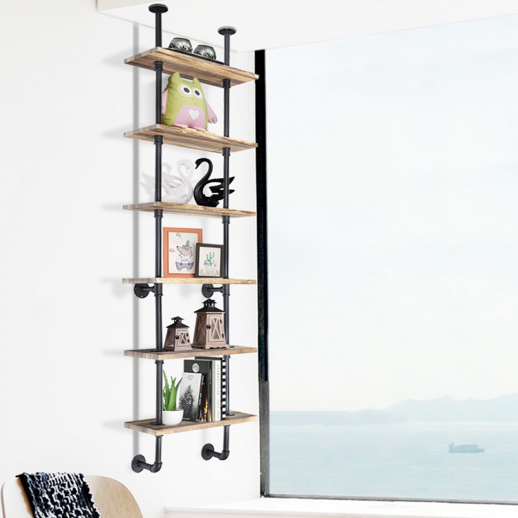 6-tier industrial wall-mounted pipe shelves in a stylish design, perfect for displaying books and decor in any room.