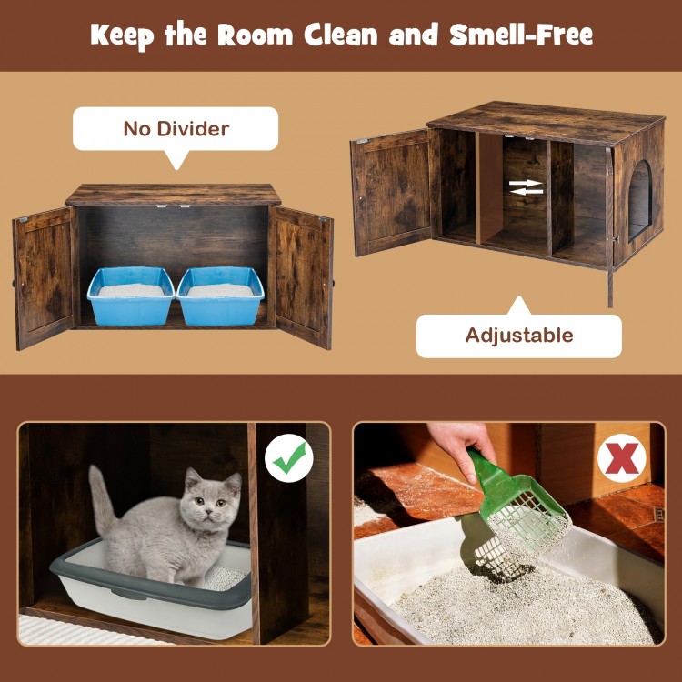 Wooden hidden cabinet cat furniture in coffee color with adjustable divider for litter box and storage, featuring a.