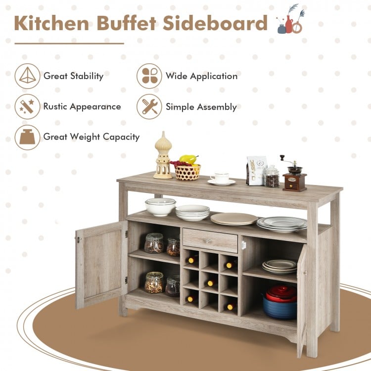 Buffet server sideboard in gray with open shelves, wine grid for 9 bottles, and spacious storage for kitchen or dining.