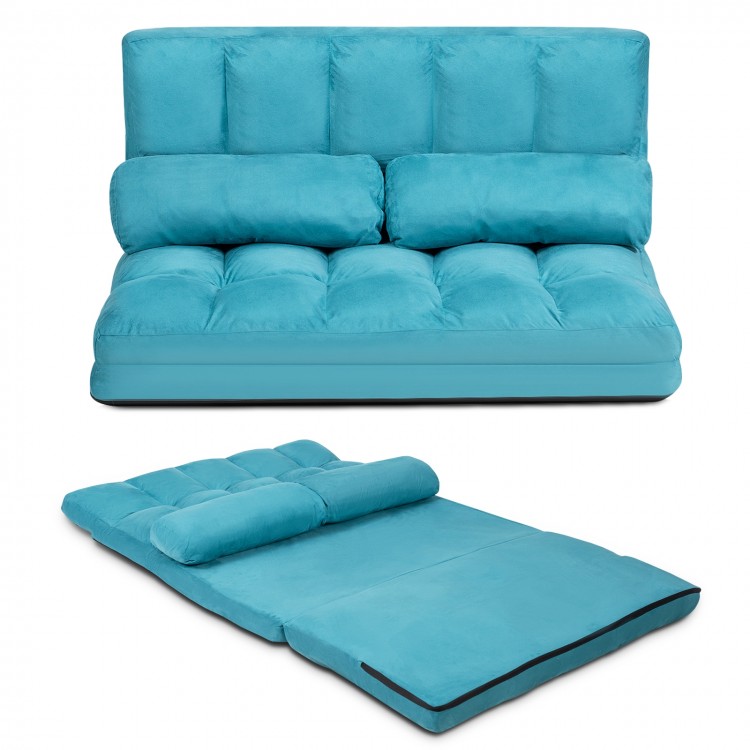 Adjustable blue foldable floor sofa with 6 reclining positions, transforming easily into a bed for versatile relaxation.