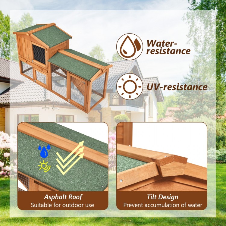 58-inch weatherproof wooden rabbit hutch with asphalt roof, spacious design, and lockable doors for small pets.