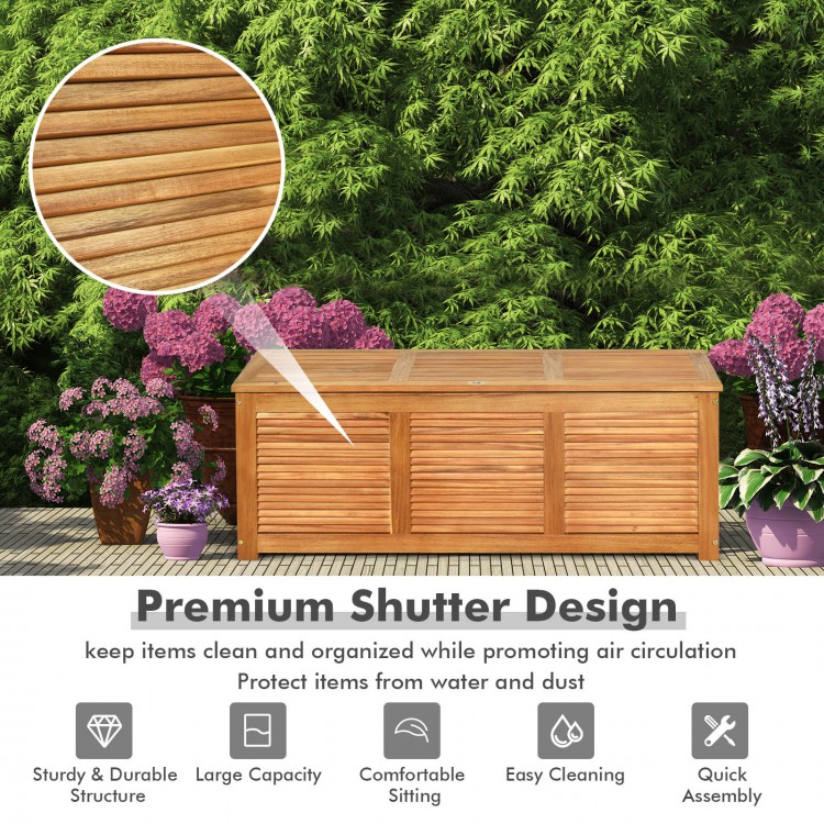 Acacia wood storage bench box with flip-top lid, large capacity for patio or garden, sturdy and easy to assemble.
