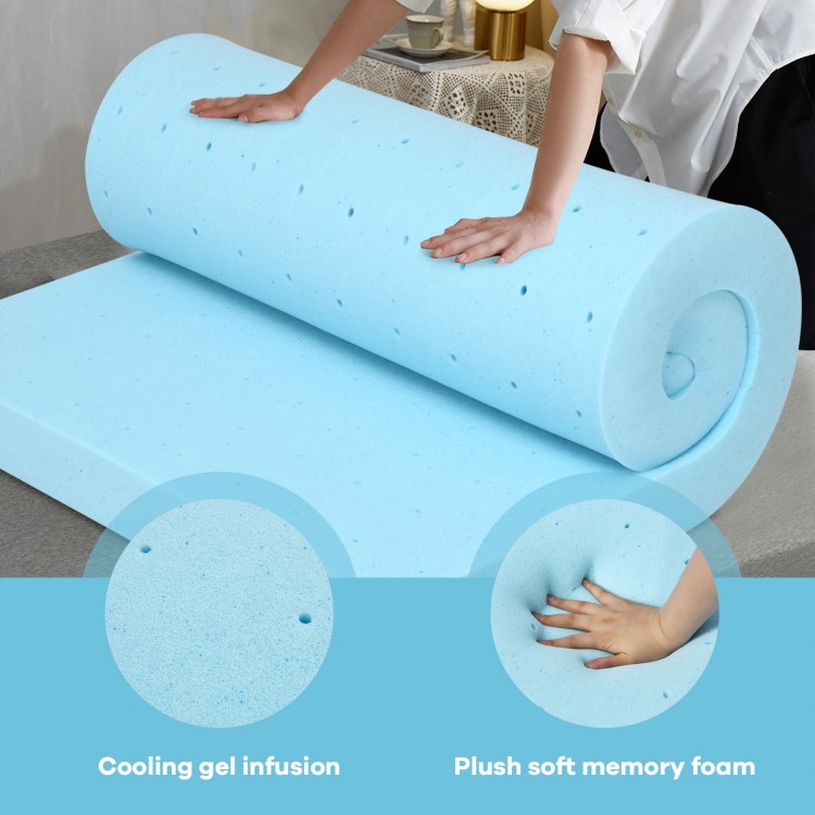 3-inch gel-infused cooling mattress topper, plush soft memory foam, promotes airflow for a comfortable night's sleep.