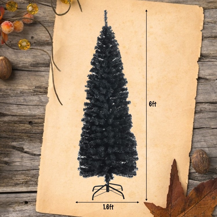 Black 6ft unlit artificial pencil tree with metal stand, perfect for Halloween and Christmas decorations.