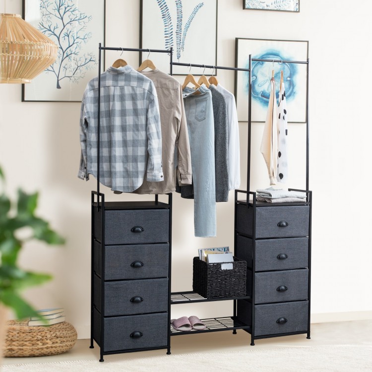 Close-up of the sturdy metal frame and fabric drawer handles of the 3-in-1 portable multifunctional dresser for easy.