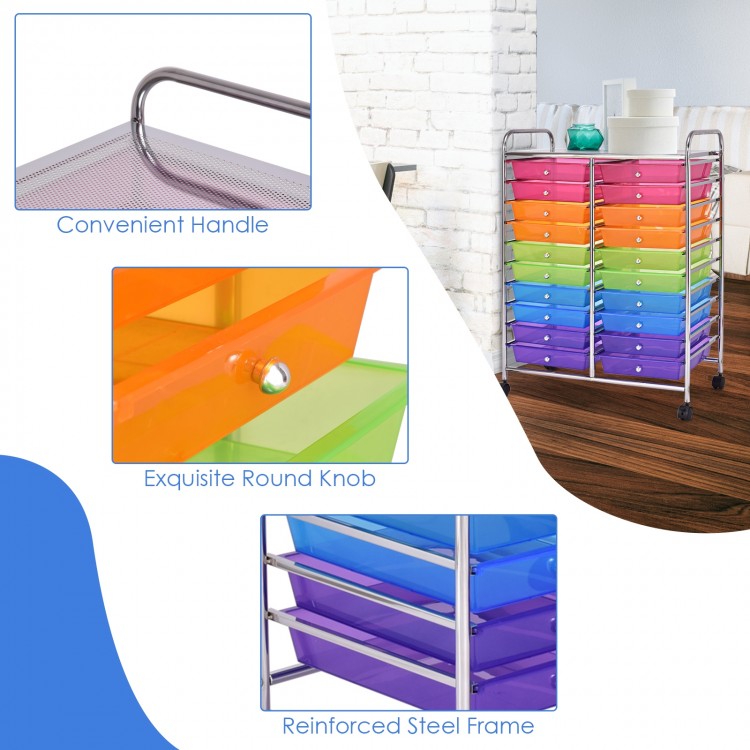 Colorful 20-drawer rolling cart with a reinforced steel frame, convenient handles, and wheels for easy mobility in any.