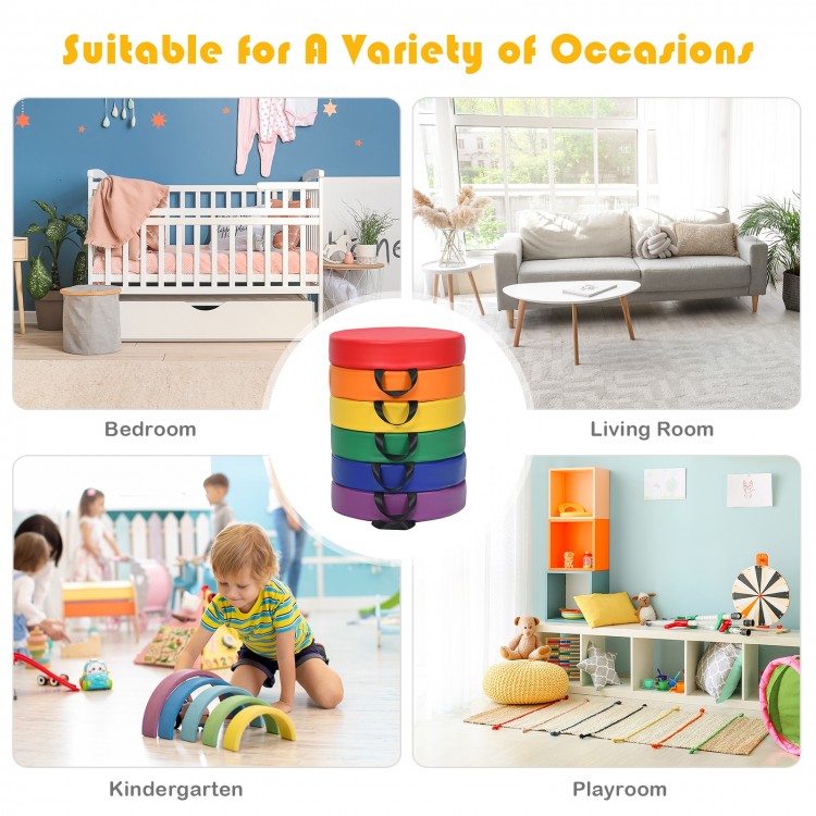 Multicolor 15-inch round toddler floor cushions, made of durable PU and EPE, perfect for playrooms and kindergartens.