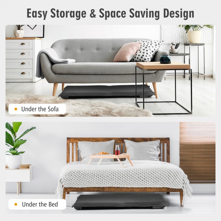 Adjustable gray folding floor chair in 6 positions, perfect for reading or gaming, easily stores under bed or sofa.