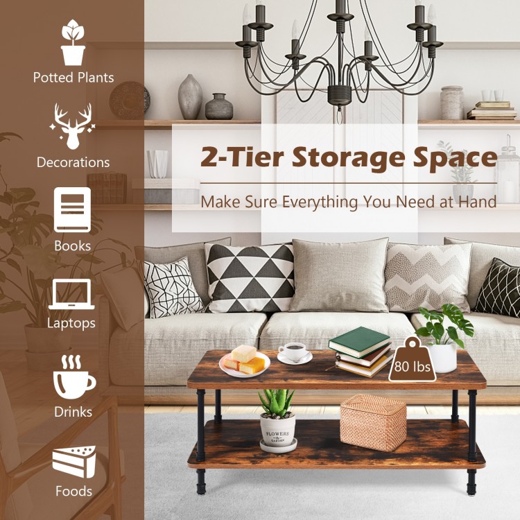 Industrial vintage coffee table showcasing a spacious 43.5" x 23.5" tabletop, perfect for displaying decor and snacks.