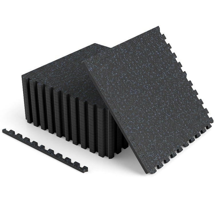 Black rubber top exercise mat tiles with blue speckles, providing 48 sq. ft. of cushioned, anti-slip support for workouts.