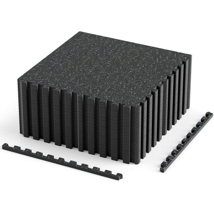 Interlocking 0.55 inch thick rubber top exercise mat with blue speckles, providing 70 sq.ft of cushioned, durable coverage.