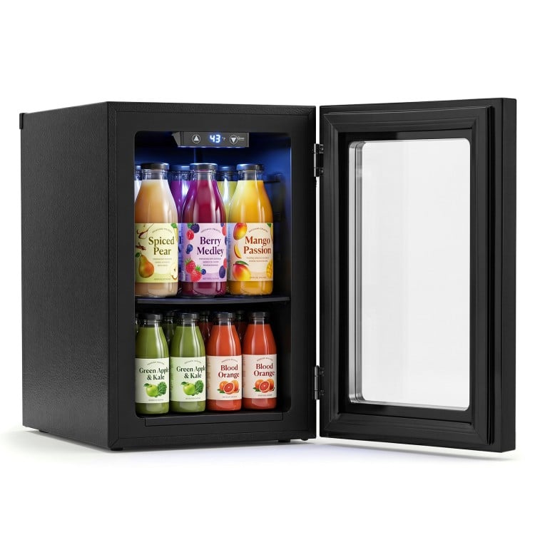 Countertop mini fridge in black with a 0.6 Cu.Ft capacity, holding 24 cans, featuring a touch panel and insulated door.