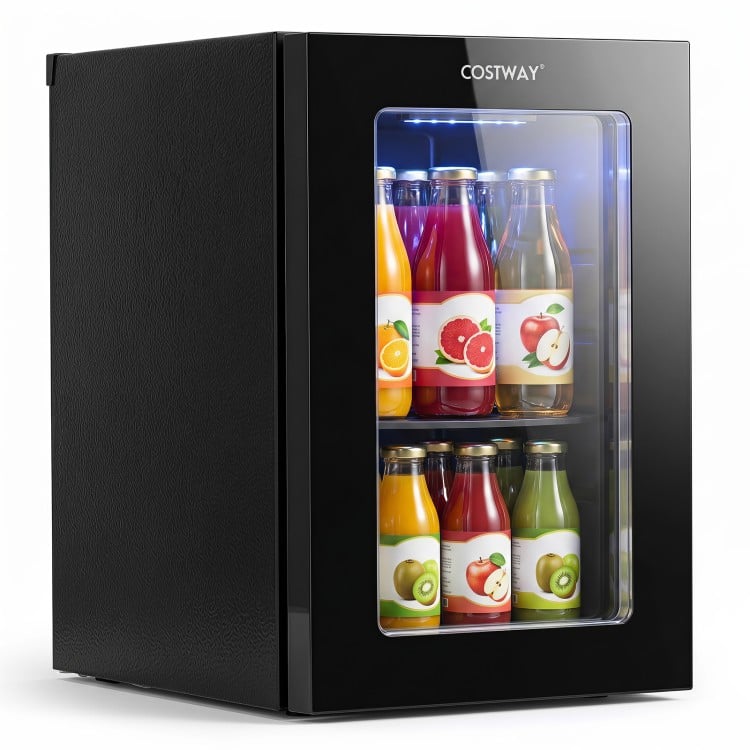 Countertop mini fridge in black with a glass door, holding 24 cans, ideal for home office or game room use.