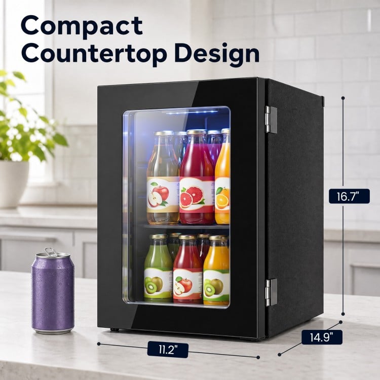 Compact 0.6 Cu.Ft black beverage refrigerator with a glass door, holding 24 cans for efficient cooling in any room.