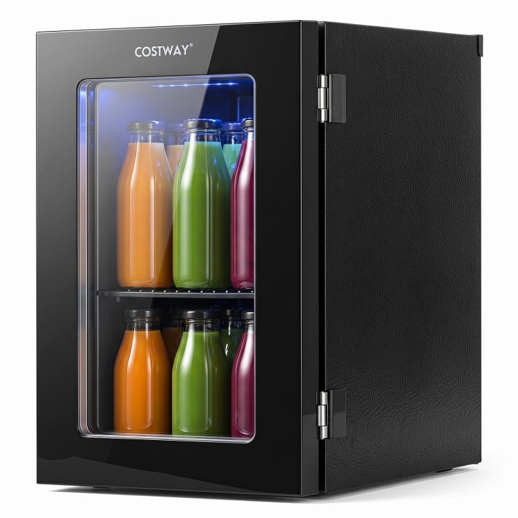 Countertop mini fridge with 0.6 Cu.Ft capacity, holding 24 cans, featuring a glass door and adjustable thermostat for efficient cooling.