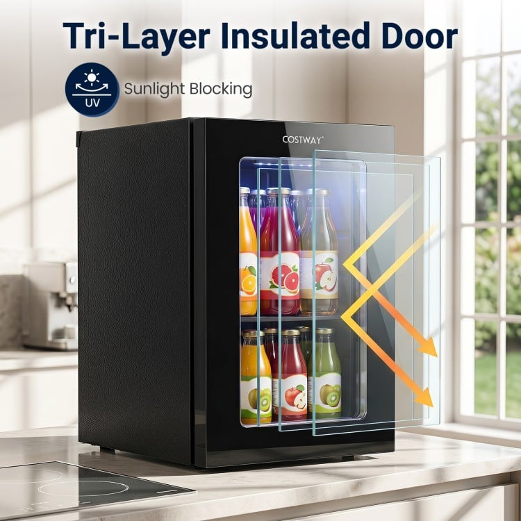 Countertop mini fridge with a tri-layer insulated door, holding 24 cans, ideal for home office or game room use.