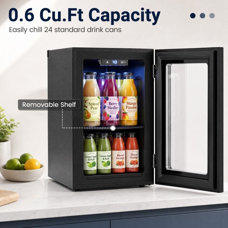 Countertop mini fridge with 0.6 Cu.Ft capacity, chilling 24 cans, featuring a removable shelf and intuitive touch panel.
