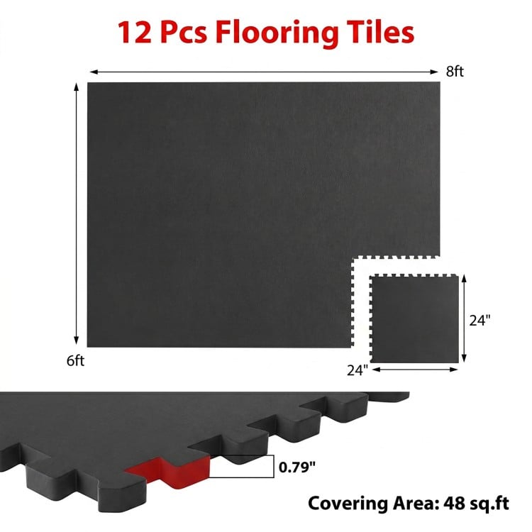 Thick black rubber exercise mat set of 2, 48 sq ft coverage, featuring interlocking edges for easy assembly.