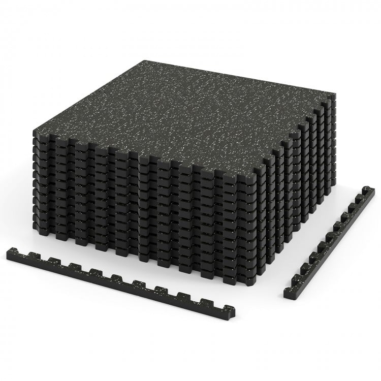 Stack of interlocking 0.79 inch thick rubber top exercise mats, 48 sq ft coverage, ideal for home gym and fitness.