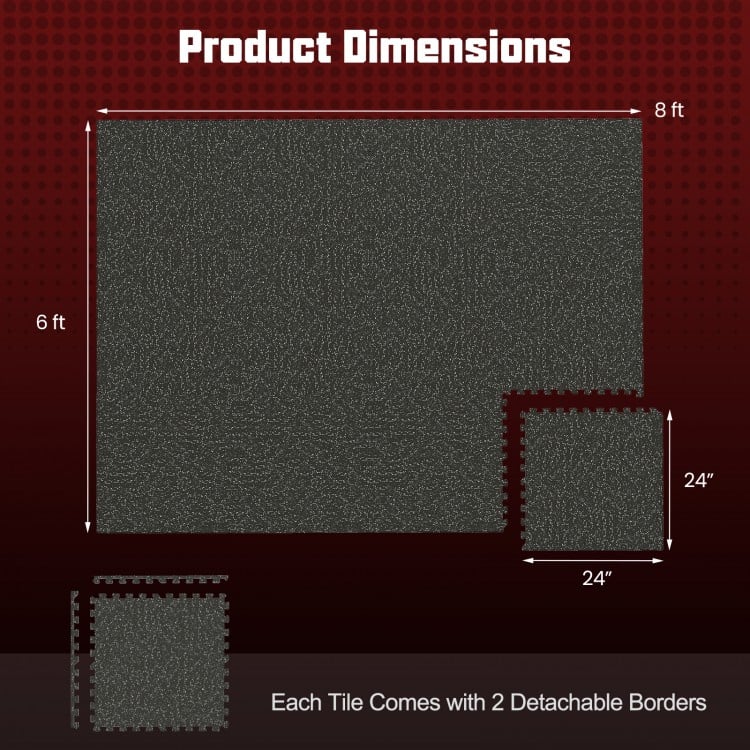Product dimensions of the 0.79 inch thick rubber top exercise mat, showing 48 sq ft coverage with detachable borders.