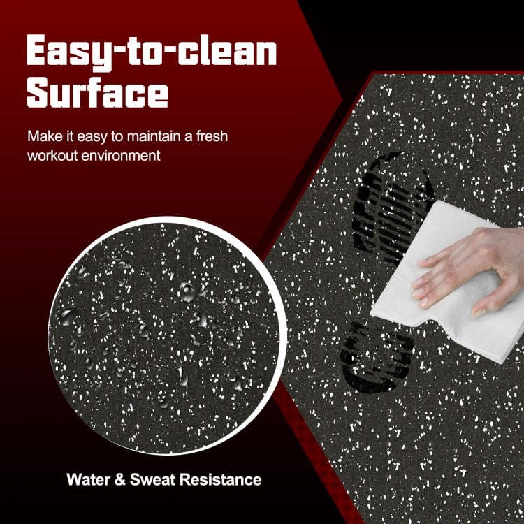 Close-up of the 0.79 inch thick rubber exercise mat, showcasing its easy-to-clean surface and water resistance for home.