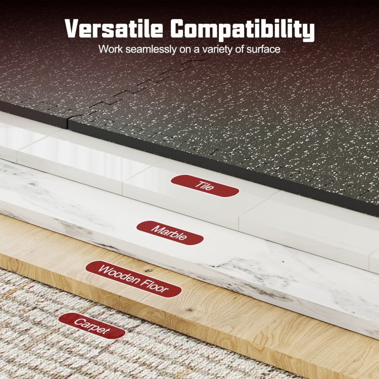Rubber top exercise mat showcasing versatile compatibility on tile, marble, wooden floors, and carpet for home gym use.