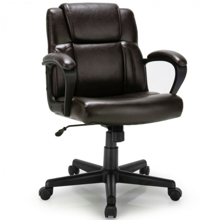 Adjustable leather executive office chair with armrests, ergonomic design, and 360° swivel for versatile use.