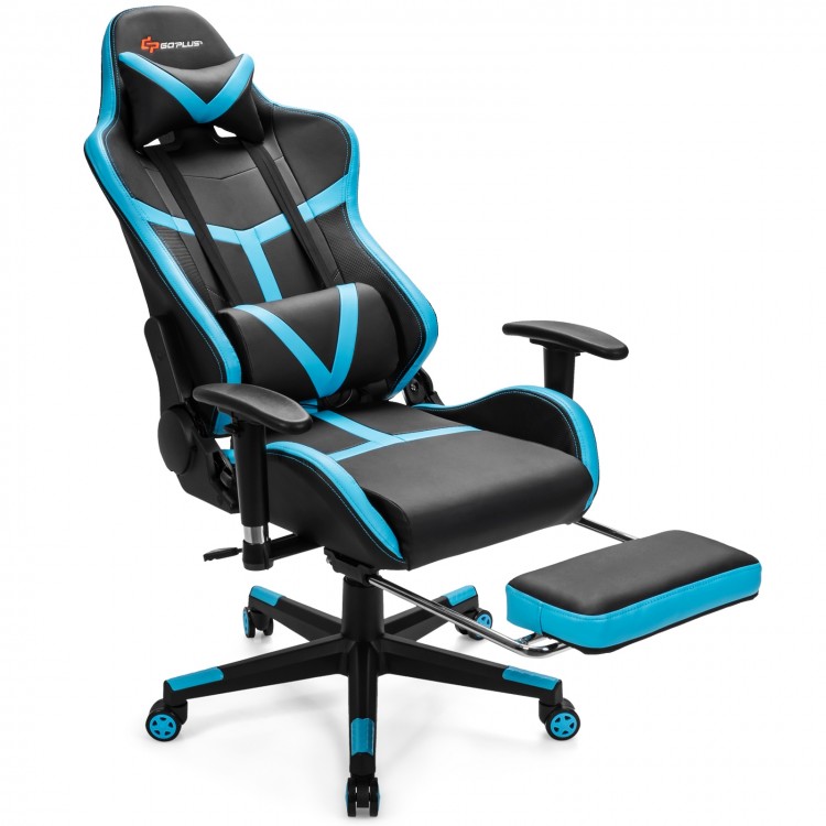 Reclining racing chair in blue with lumbar support, footrest, and adjustable backrest for ultimate comfort.