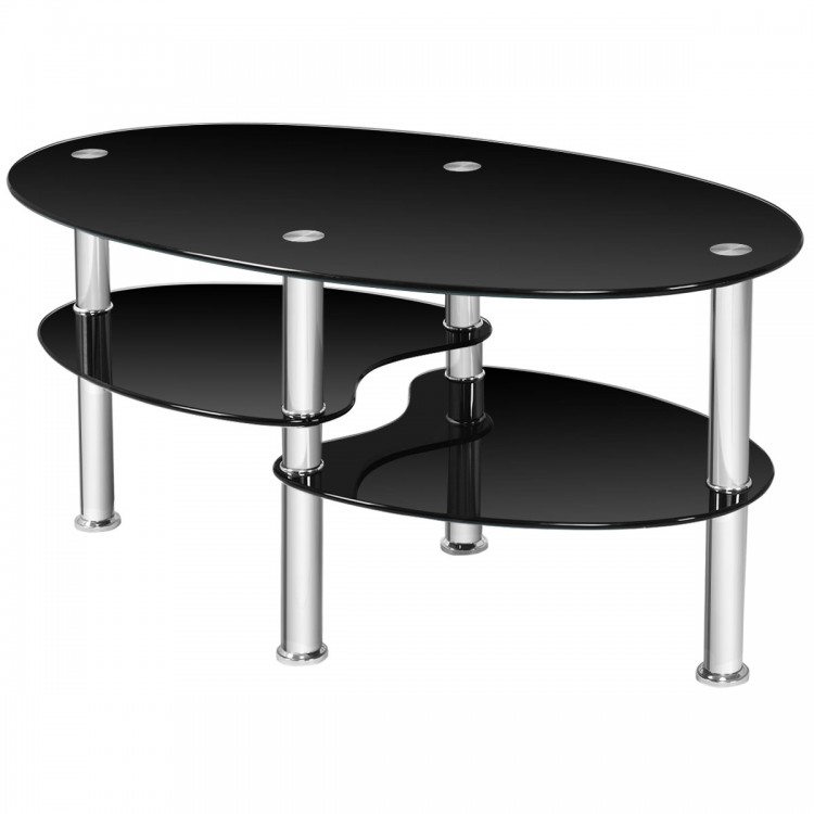 Tempered glass oval coffee table in black with chrome legs and two bottom shelves for stylish living room storage.
