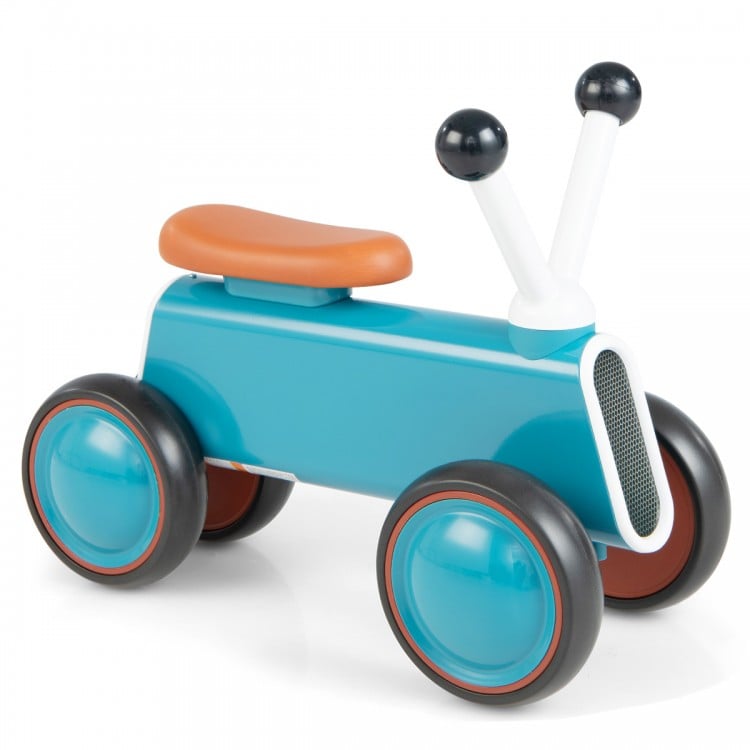 Baby balance bike in blue with non-slip handlebars and 4 stable wheels, designed for kids 10-24 months for safe riding.