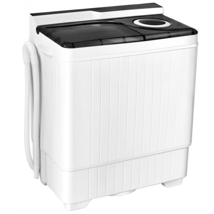 Portable semi-automatic washing machine in gray with 26-pound capacity, built-in drain pump, ideal for apartments.