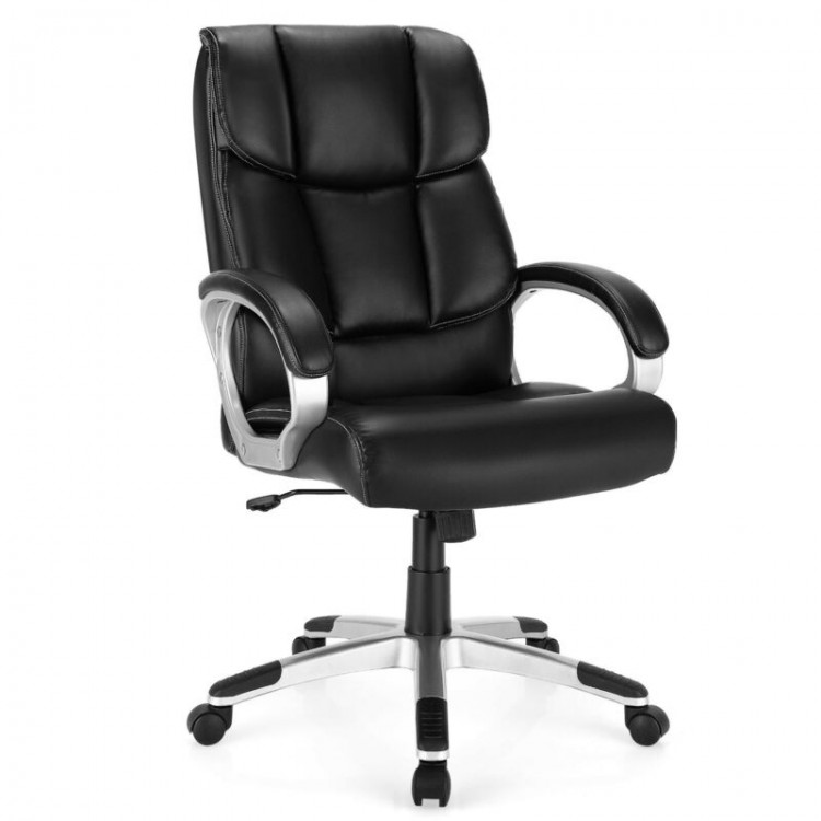 Big and tall adjustable high back leather executive desk chair with padded armrests and 360° swivel for office use.