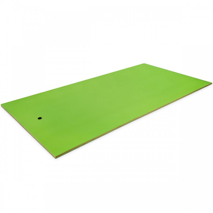 Bright green 12’ x 6’ floating water pad made of tear-resistant XPE foam, perfect for family fun on lakes and beaches.