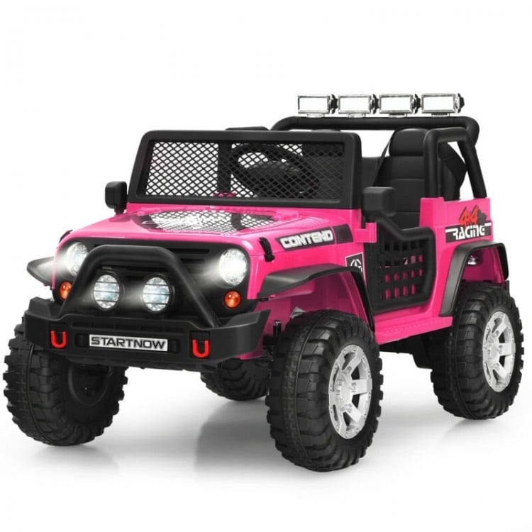 Kids electric ride-on truck in pink with remote control, lights, sounds, and spring suspension for smooth rides.