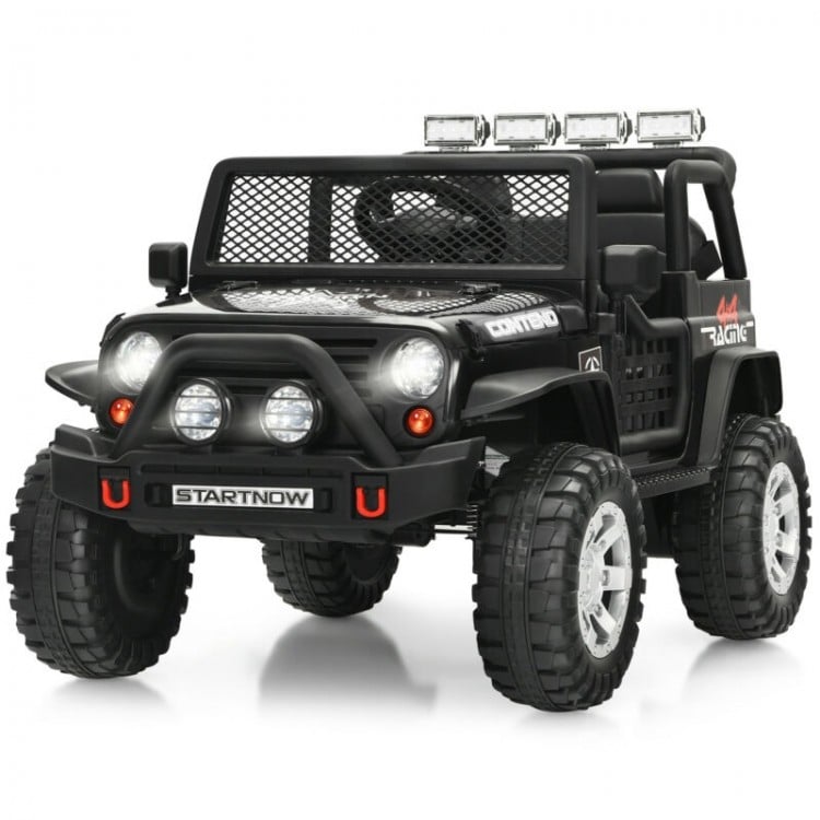 Kids electric ride-on truck in black with remote control, lights, and sounds for fun outdoor adventures.