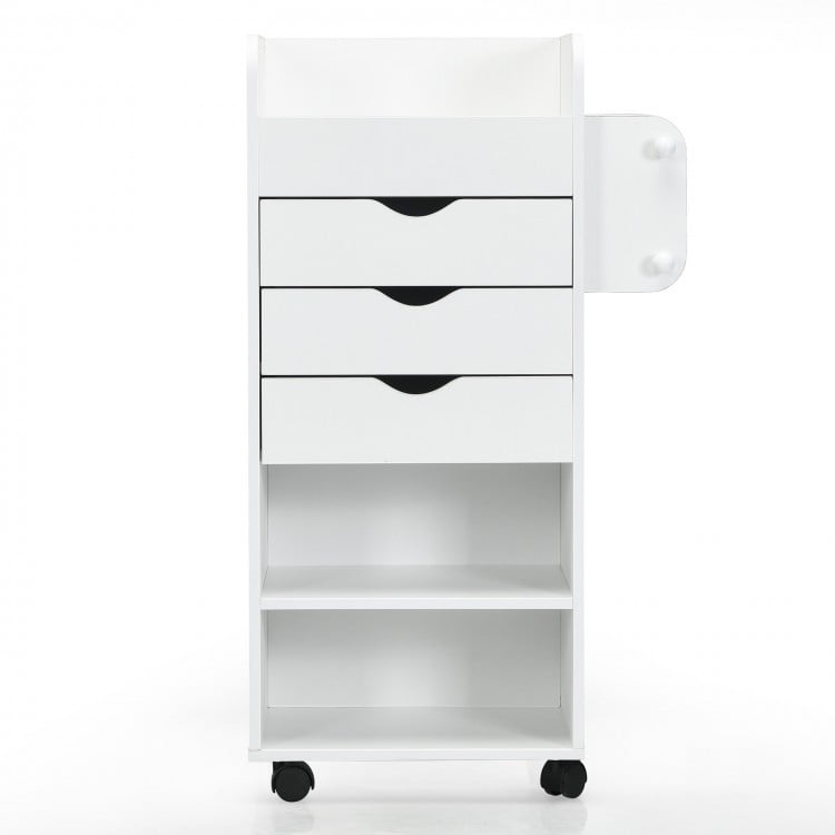 White wooden utility rolling craft storage cart featuring 3 drawers and 3 shelves, ideal for compact spaces and easy.