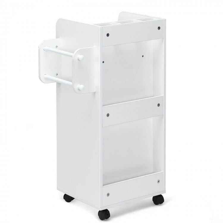 White wooden utility rolling craft storage cart with 3 drawers, 3 shelves, and 4 rolling casters for easy mobility.