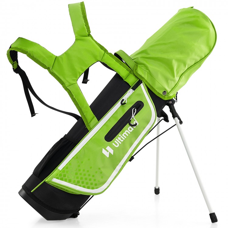 Junior golf club set in green with stand bag, adjustable straps, and rain hood for kids aged 5-7 years.